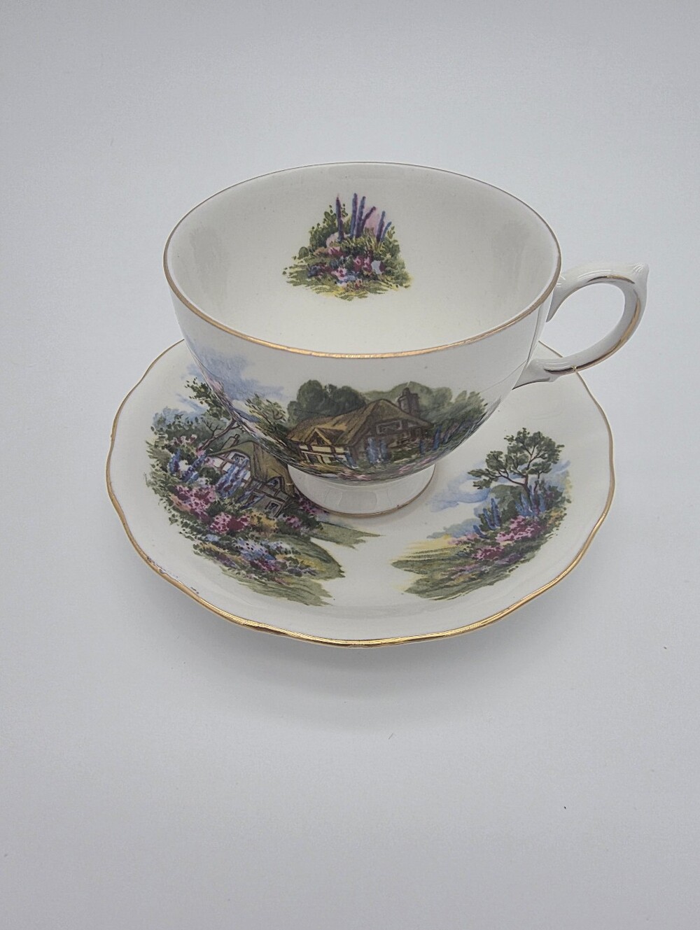 Vintage Royal Vale English Cottage Teacup Saucer Set Gold Trim